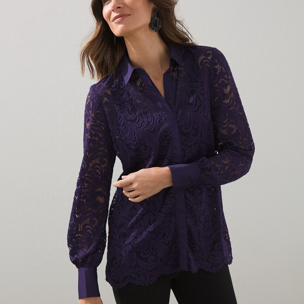 Chico's Stretch Lace Shirt Midnight Violet, Sz 2 (12-14), NWT